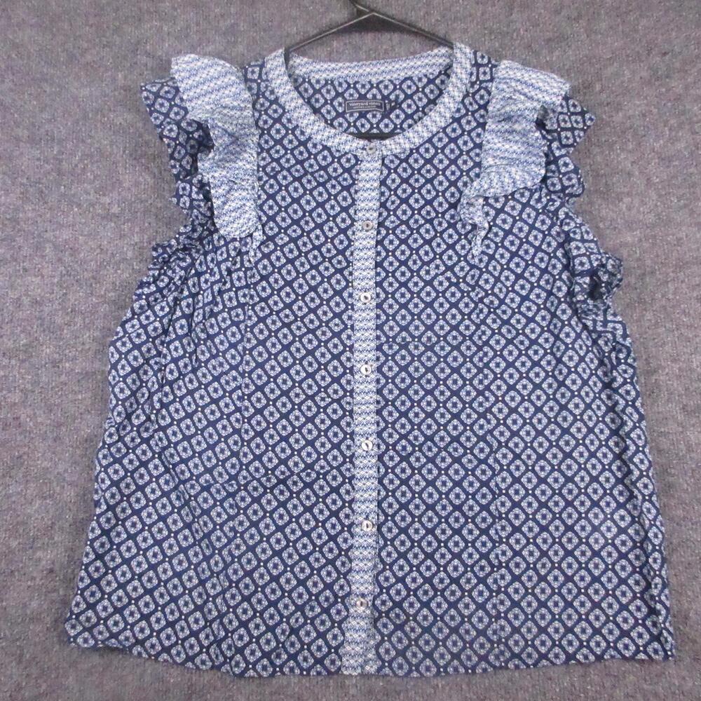 Vineyard Vines Blouse Womens Medium Blue Ruffle Flutter Sleeve Tunic Top